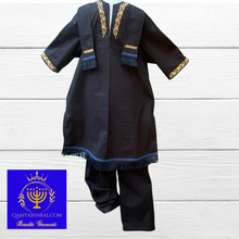Load image into Gallery viewer, Black Hebrew tunic with fringes, border and Gold embroidery, black tunic,black tunic and pants, tunic set, head wrap Israelite garment