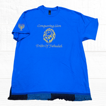 Cargar imagen en el visor de la galería, Hebrew Embroidered T-Shirt with fringes, READY TO SHIP IN XL, Israelite Shirt, Fringes