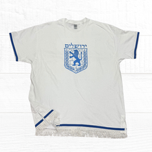 Cargar imagen en el visor de la galería, Hebrew Shirt with Fringes, Israelite Garments, READY TO SHIP IN A XL, Tribe of Judah Royal Seal Embroidered T-Shirt