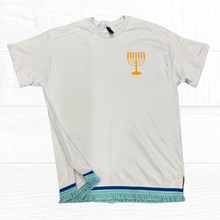 Cargar imagen en el visor de la galería, Hebrew Embroidered T-shirt with Fringes, Menorah Embroidery, READY TO SHIP IN XL, Israelite Garments, Fringes