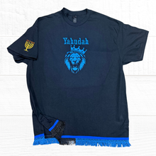 Cargar imagen en el visor de la galería, Hebrew Embroidered T-Shirt with fringes, READY TO SHIP IN XL, Israelite Shirt, Fringes