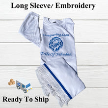 Load image into Gallery viewer, Embroidery Israelite T-shirt with fringes and blue border, Hebrew Garments, Fringes and Blue Border, Fringes T-shirt, ready to ship in XL