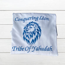 Load image into Gallery viewer, Embroidery Israelite T-shirt with fringes and blue border, Hebrew Garments, Fringes and Blue Border, Fringes T-shirt, ready to ship in XL