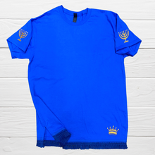 Load image into Gallery viewer, Hebrew T-shirt with EMBROIDERY,  MATCHING fringes- 51 Colors to choose from, Shirt with fringes, fringes, Israelite garments
