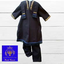 Load image into Gallery viewer, Black Hebrew tunic with fringes, border and Gold embroidery, black tunic,black  tunic and pants, tunic set, head wrap Israelite garment
