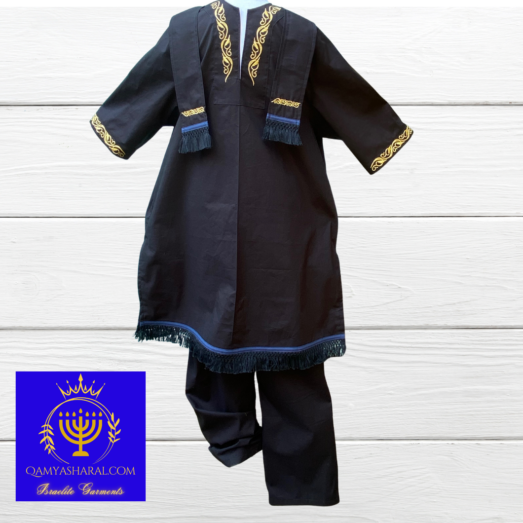 Black Hebrew tunic with fringes, border and Gold embroidery, black tunic,black  tunic and pants, tunic set, head wrap Israelite garment