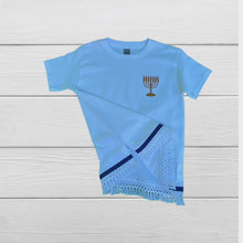 Load and play video in Gallery viewer, Men’s Embroidered Menorah T-shirt with fringes and blue border
