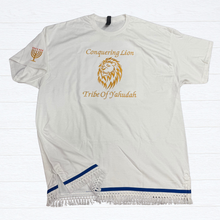 Cargar imagen en el visor de la galería, Hebrew Shirt with Fringes, Israelite Garments, READY TO SHIP IN A XL, Tribe of Judah Royal Seal Embroidered T-Shirt
