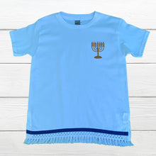 Load image into Gallery viewer, Men’s Embroidered Menorah T-shirt with fringes and blue border
