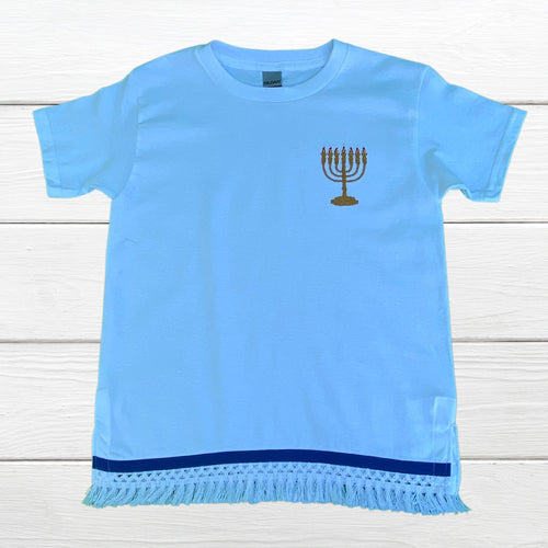 Men’s Embroidered Menorah T-shirt with fringes and blue border