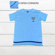 Load image into Gallery viewer, Men’s Embroidered Menorah T-shirt with fringes and blue border
