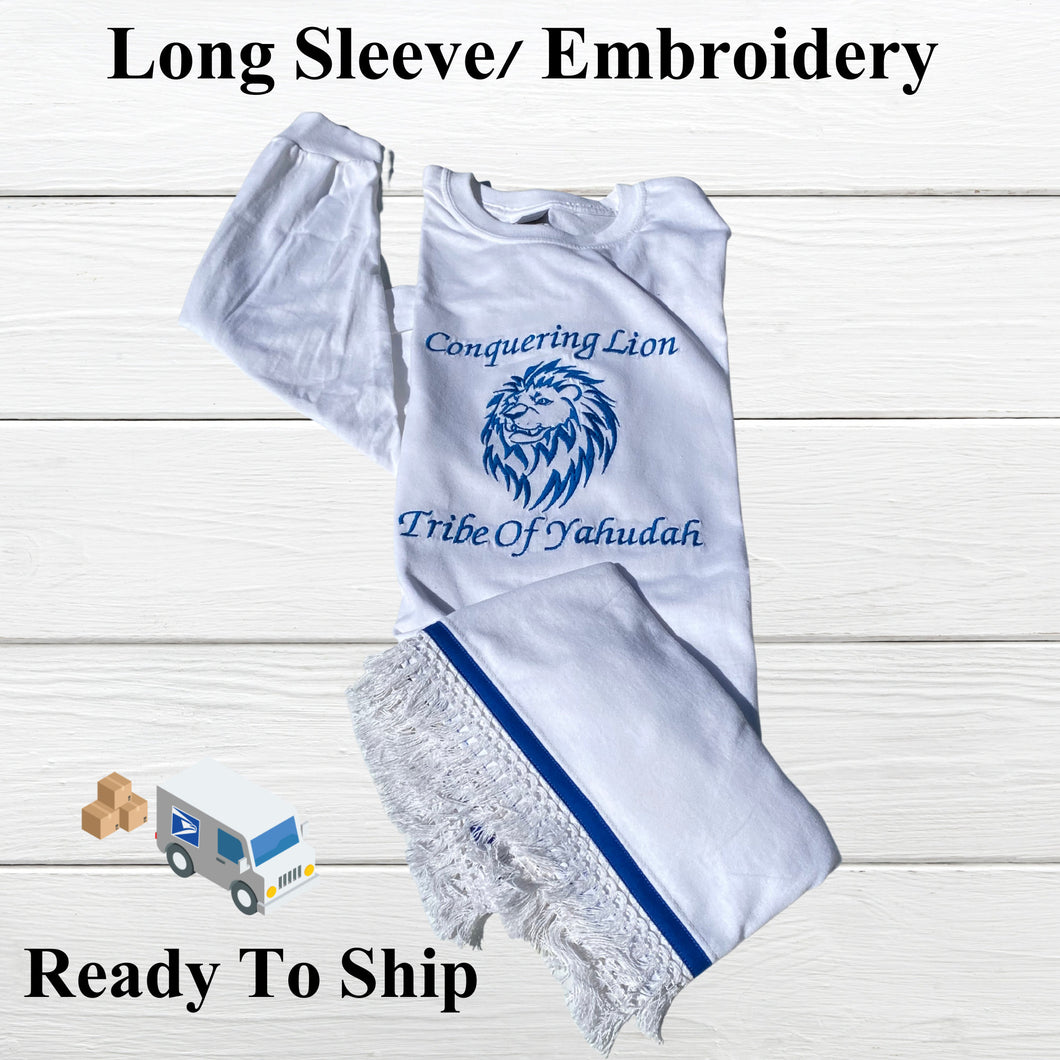 Embroidery Israelite T-shirt with fringes and blue border, Hebrew Garments, Fringes and Blue Border, Fringes T-shirt, ready to ship in XL